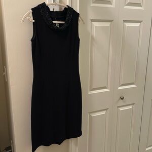 St John black knit sleeveless dress with beaded collar